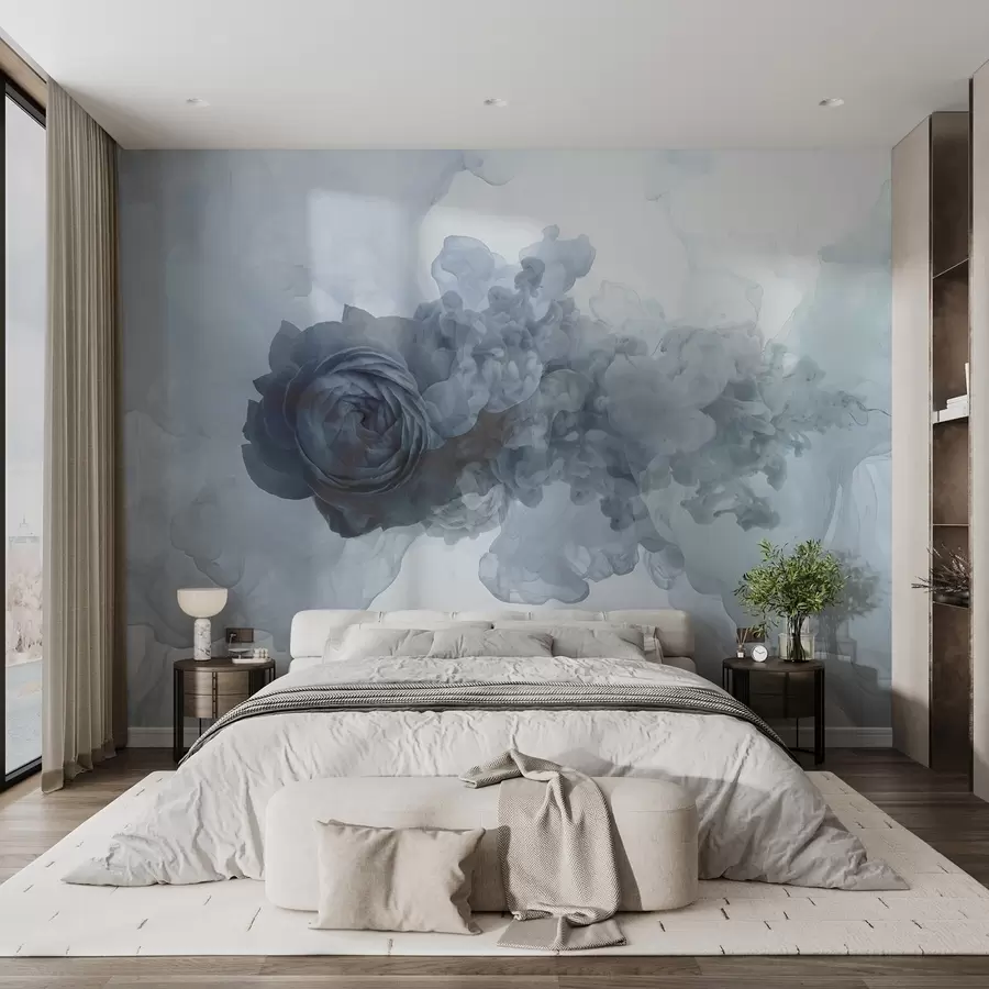 murales de pared Rosa en el humo. El papel pintado se inspira en los patrones aéreos de la fatalidad y la rosa. En colores fríos. w02138