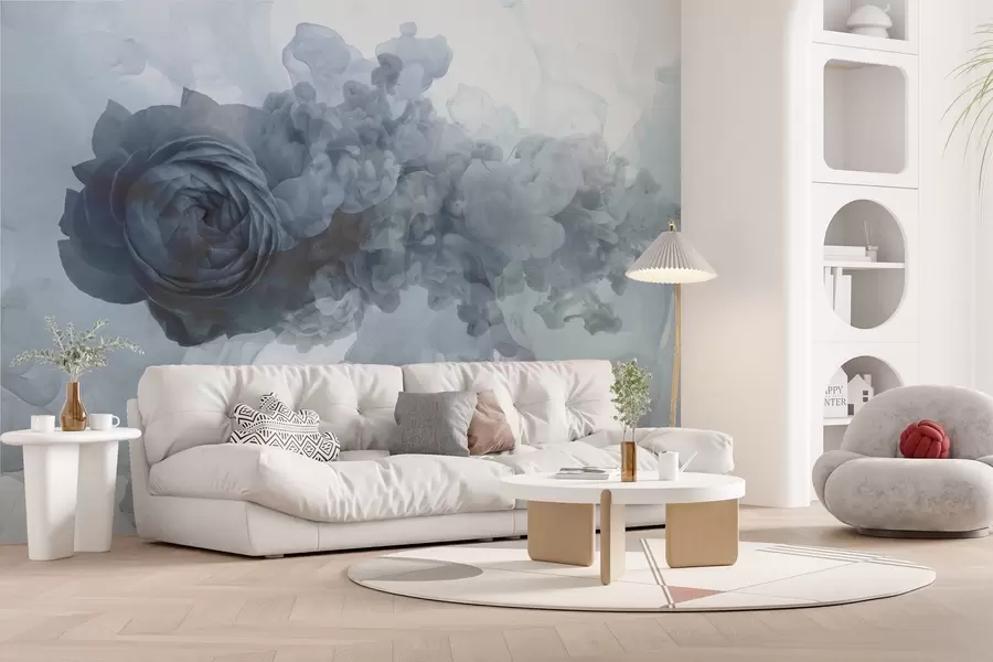murales de pared Rosa en el humo. El papel pintado se inspira en los patrones aéreos de la fatalidad y la rosa. En colores fríos. w02138