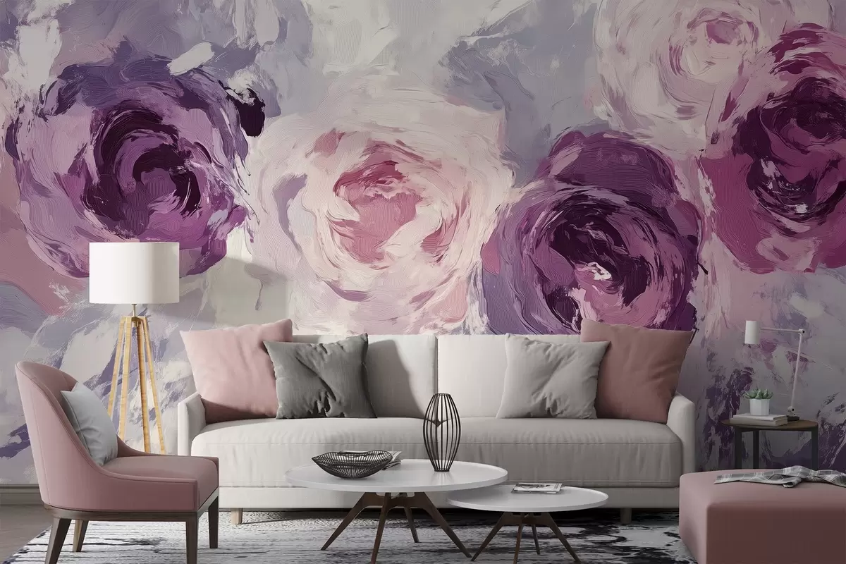 Murales de pared El papel pintado es una imitación de la pintura al óleo, con grandes flores de rosa difuminadas en tonos pastel.  w02288 murales de pared El papel pintado es una imitación de la pintura al óleo, con grandes flores de rosa difuminadas en tonos pastel.  w02288