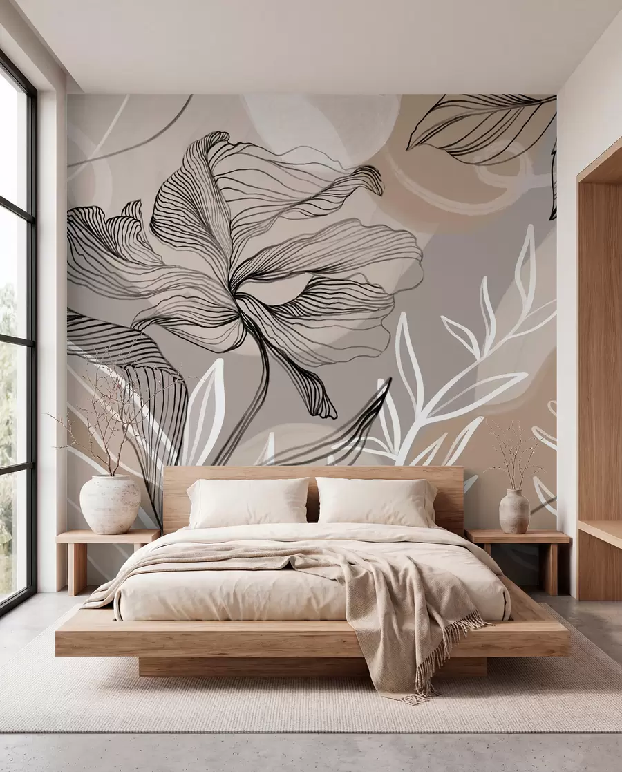 murales de pared Elegante estampado floral con grandes flores y hojas de líneas abstractas en tonos grises y beige sobre fondo claro w08413