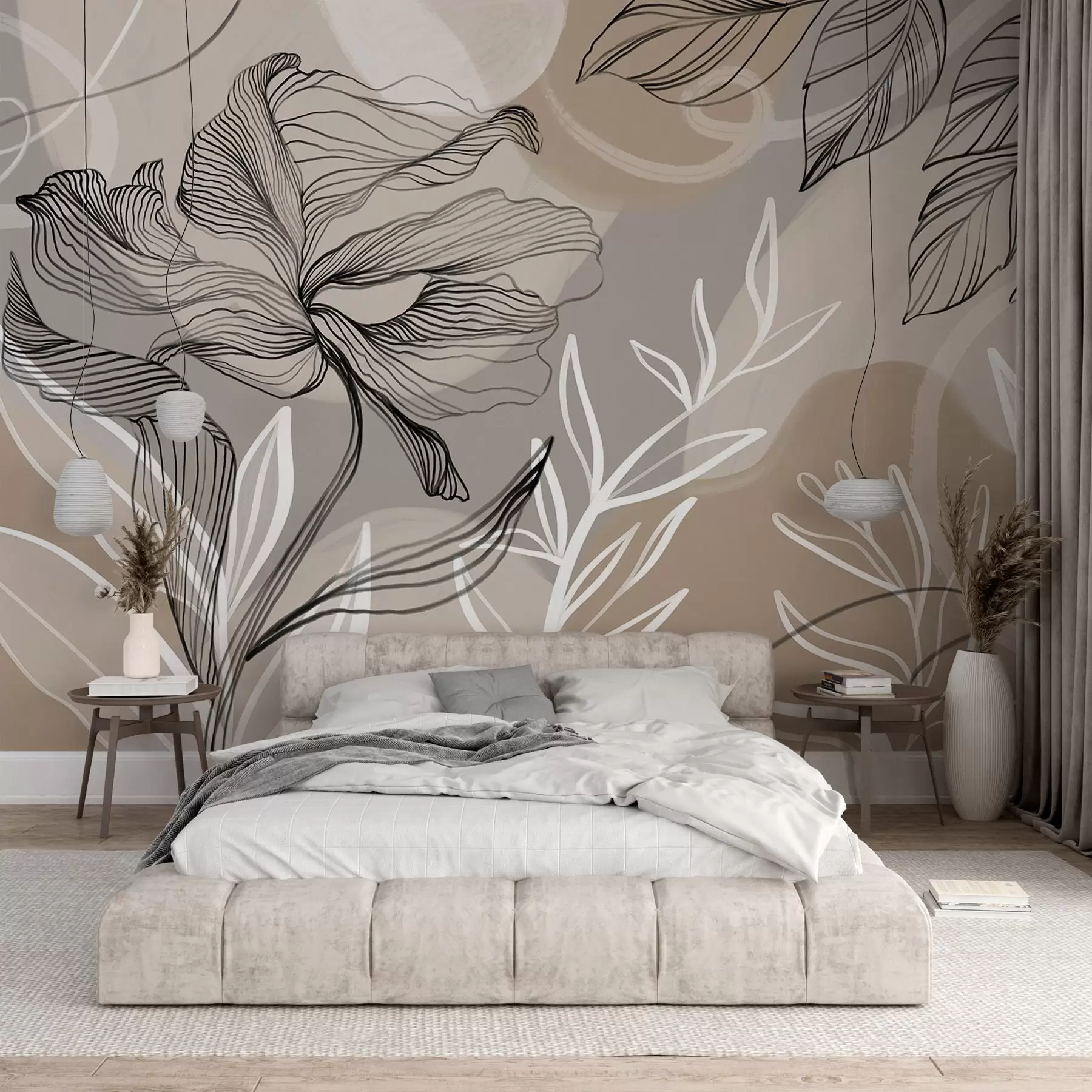 murales de pared Elegante estampado floral con grandes flores y hojas de líneas abstractas en tonos grises y beige sobre fondo claro w08413