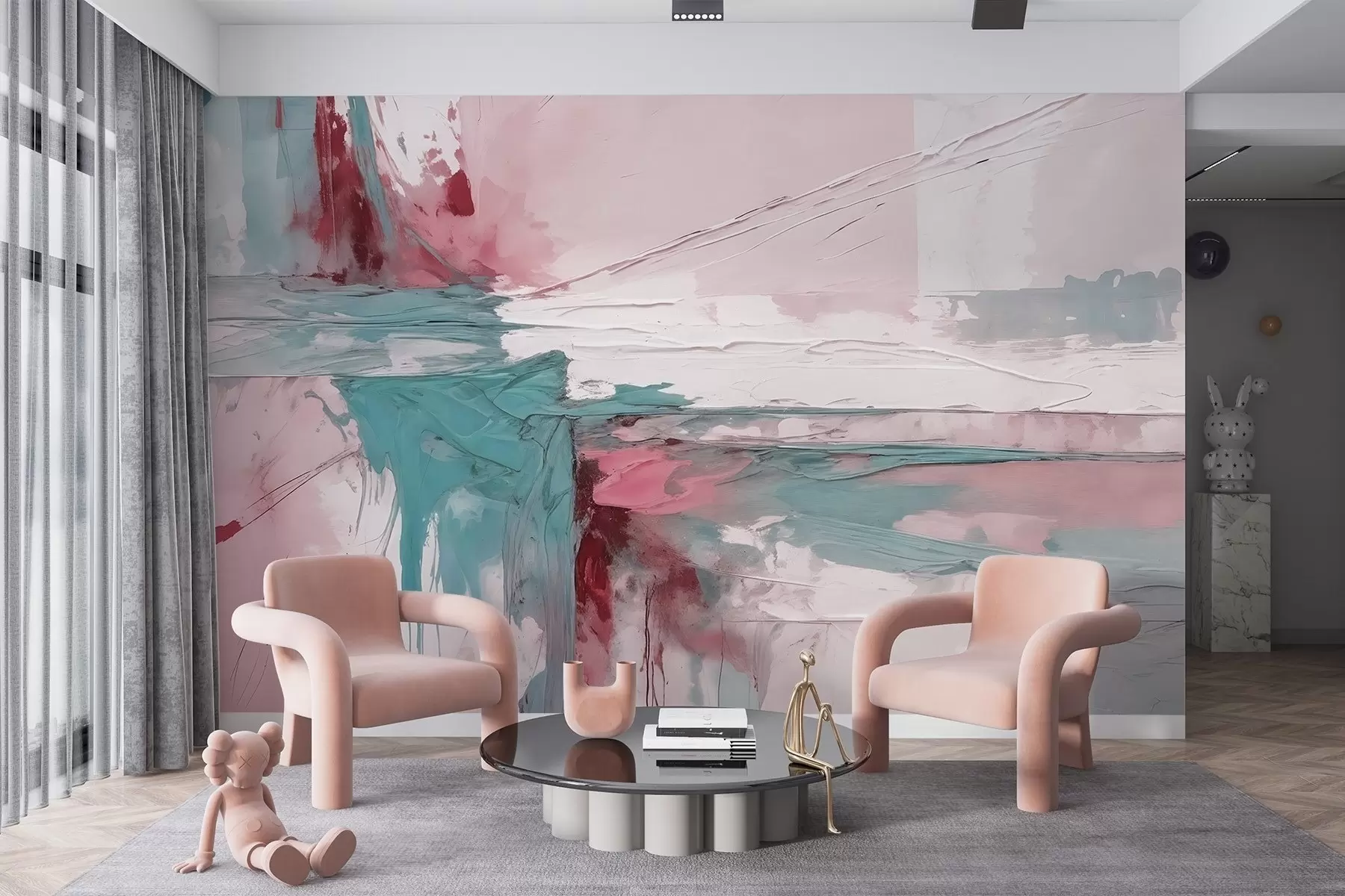 murales de pared Composición minimalista de arte abstracto con atrevidas pinceladas de pintura rosa, azul y blanca  w08414v1