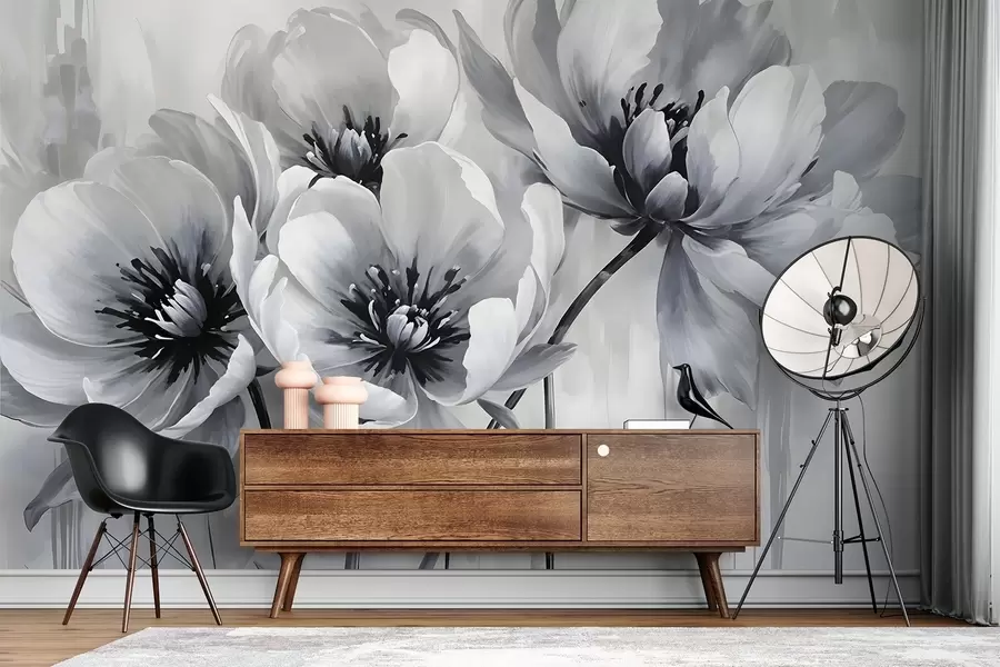 murales de pared Flores de tulipán monocromas con pétalos suaves y difuminados sobre un fondo claro w08418