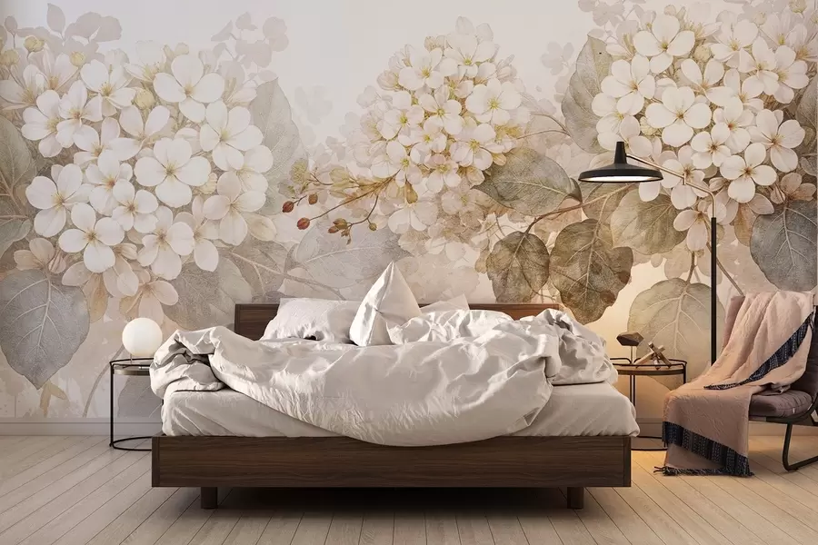 murales de pared Delicadas flores blancas de hortensia con suaves hojas verdes sobre un fondo claro w08422
