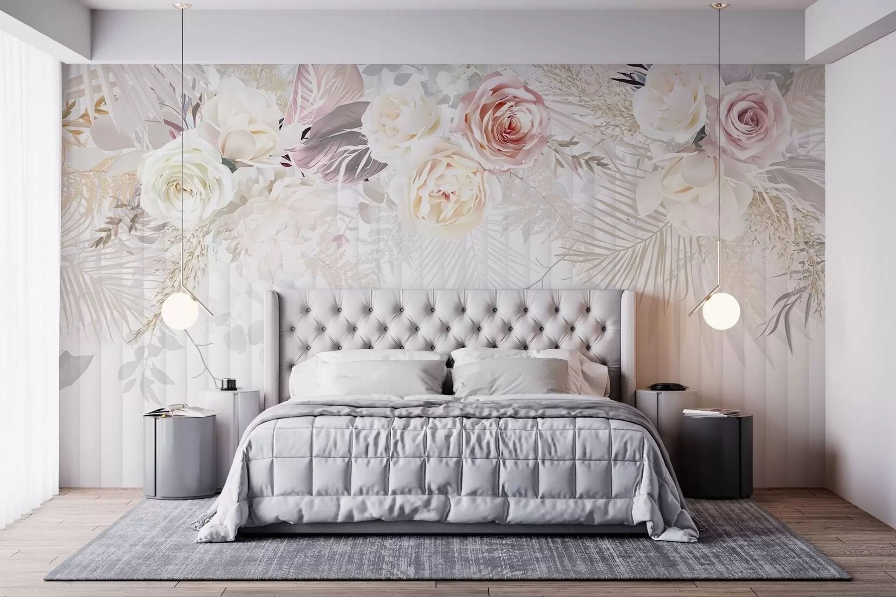 murales de pared Arreglo floral con rosas rosas y blancas, hojas de palmera y otros follajes tropicales sobre fondo blanco w08425