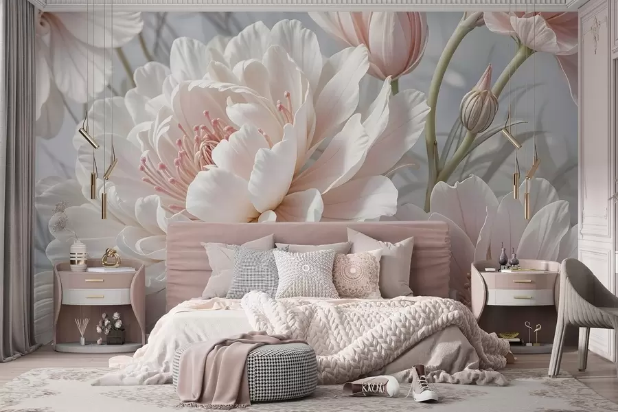 murales de pared Grandes y delicadas flores de peonía blancas y rosas con pétalos suaves y esponjosos sobre un fondo gris difuminado w08427