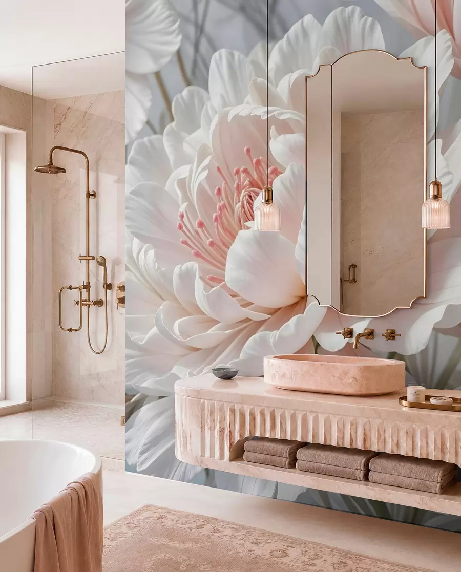 murales de pared Grandes y delicadas flores de peonía blancas y rosas con pétalos suaves y esponjosos sobre un fondo gris difuminado w08427