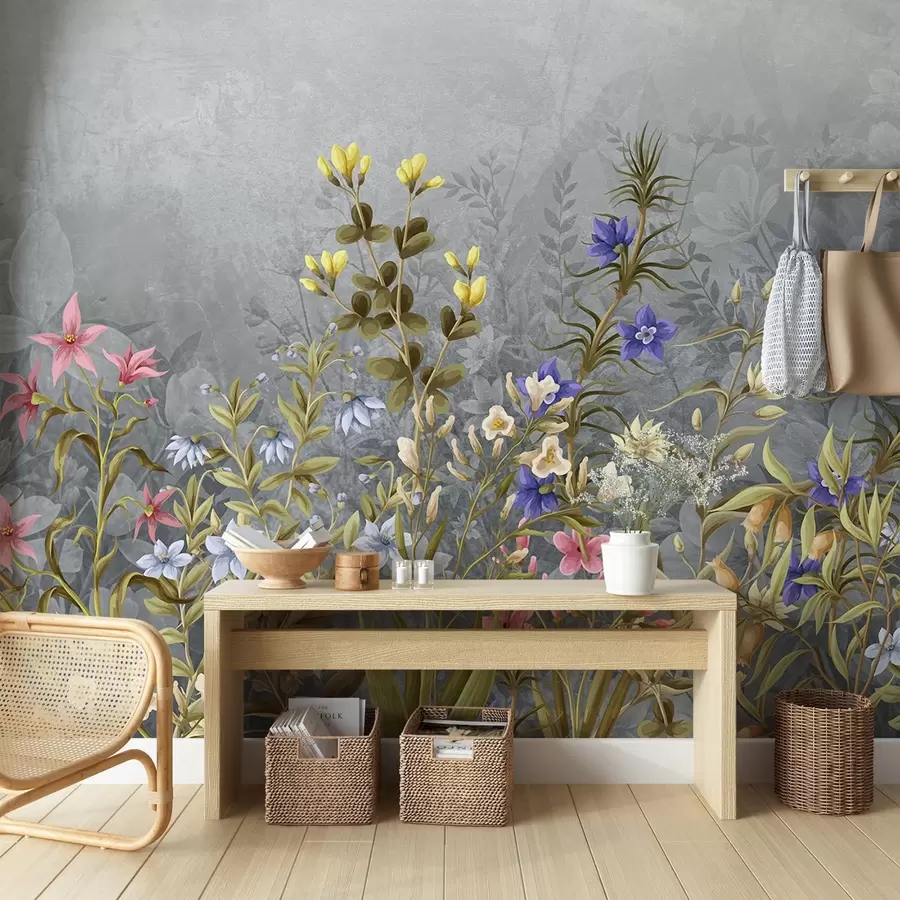 murales de pared Un exuberante y vibrante estampado de texturas florales con coloridas flores y plantas con intrincados detalles y texturas w08428v1