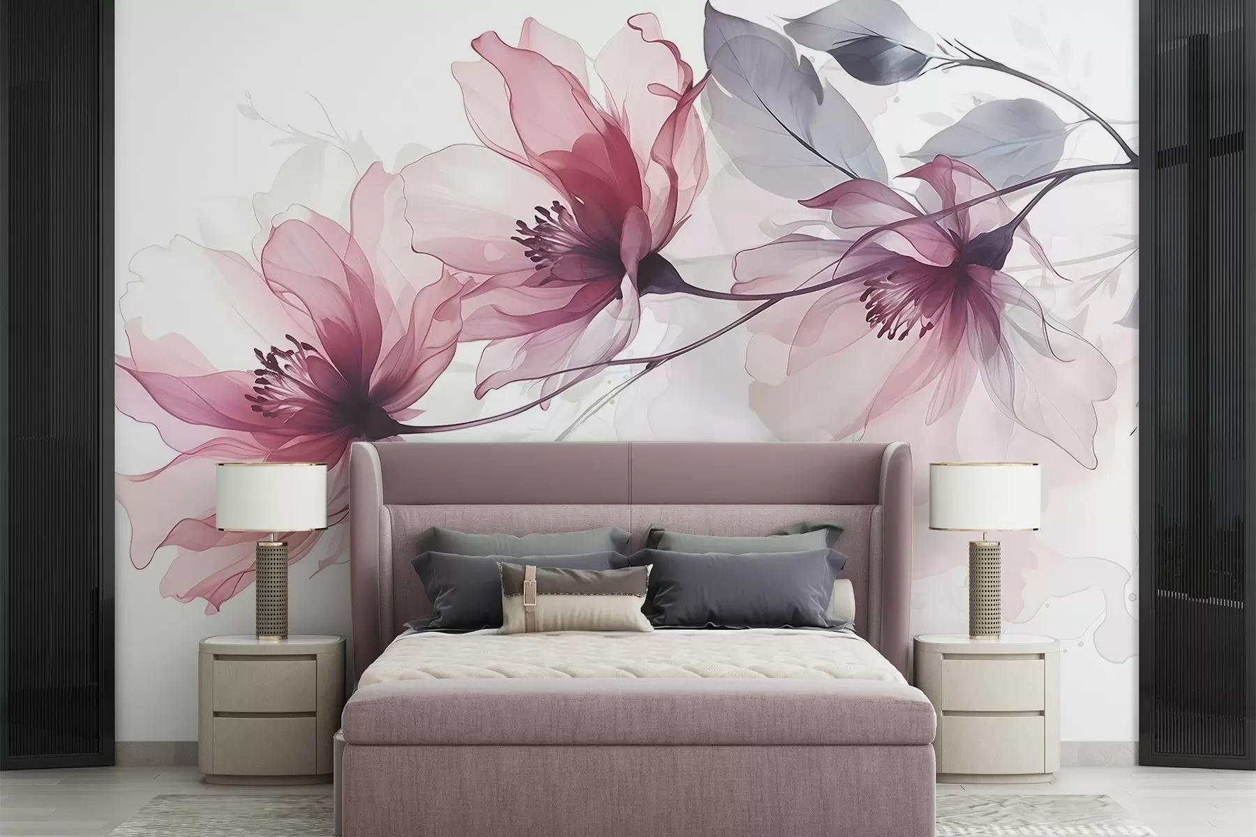 murales de pared Delicadas flores transparentes rosas y grises con pétalos suaves y difuminados sobre fondo blanco w08429
