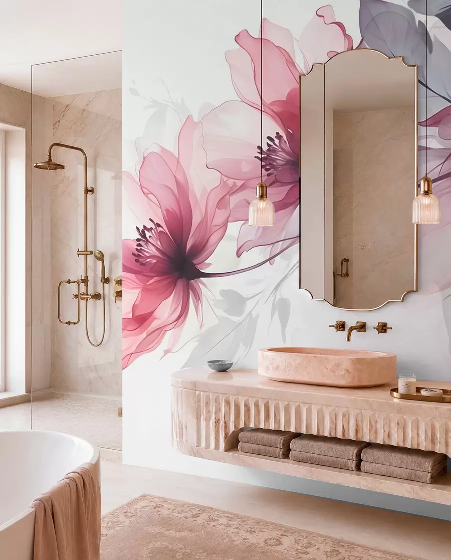 murales de pared Delicadas flores transparentes rosas y grises con pétalos suaves y difuminados sobre fondo blanco w08429