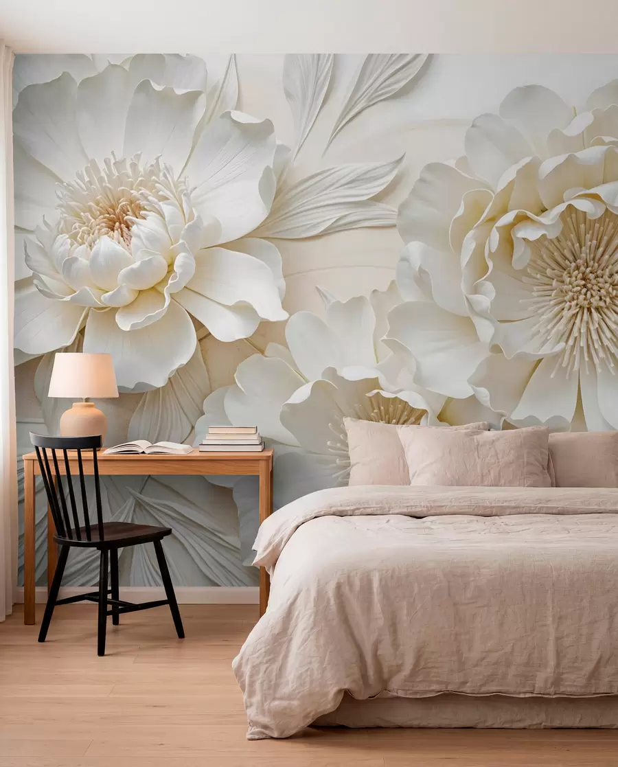 murales de pared Elegantes y voluminosas flores de imitación de peonía blanca con suaves pétalos y centros amarillo pastel, sobre un fondo claro w08431