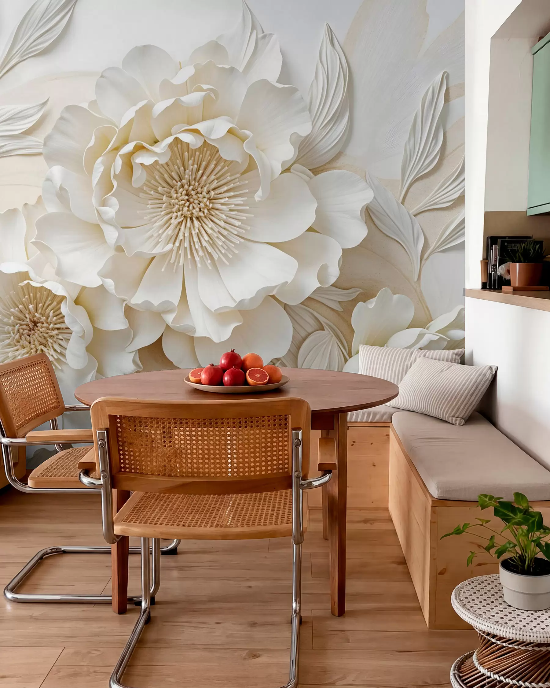 murales de pared Elegantes y voluminosas flores de imitación de peonía blanca con suaves pétalos y centros amarillo pastel, sobre un fondo claro w08431