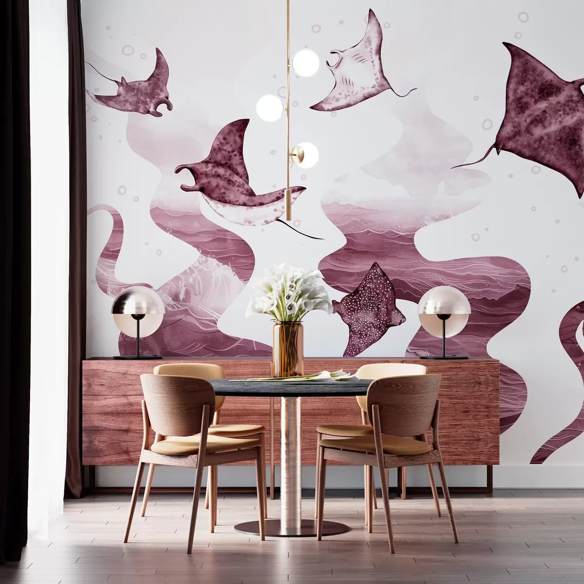 Murales de pared Pez manta raya, estilo acuarela, mar, océano, colores rosas w02266v3 murales de pared Pez manta raya, estilo acuarela, mar, océano, colores rosas w02266v3