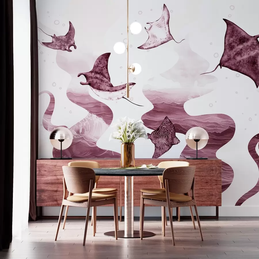 Murales de pared Pez manta raya, estilo acuarela, mar, océano, colores rosas w02266v3 murales de pared Pez manta raya, estilo acuarela, mar, océano, colores rosas w02266v3