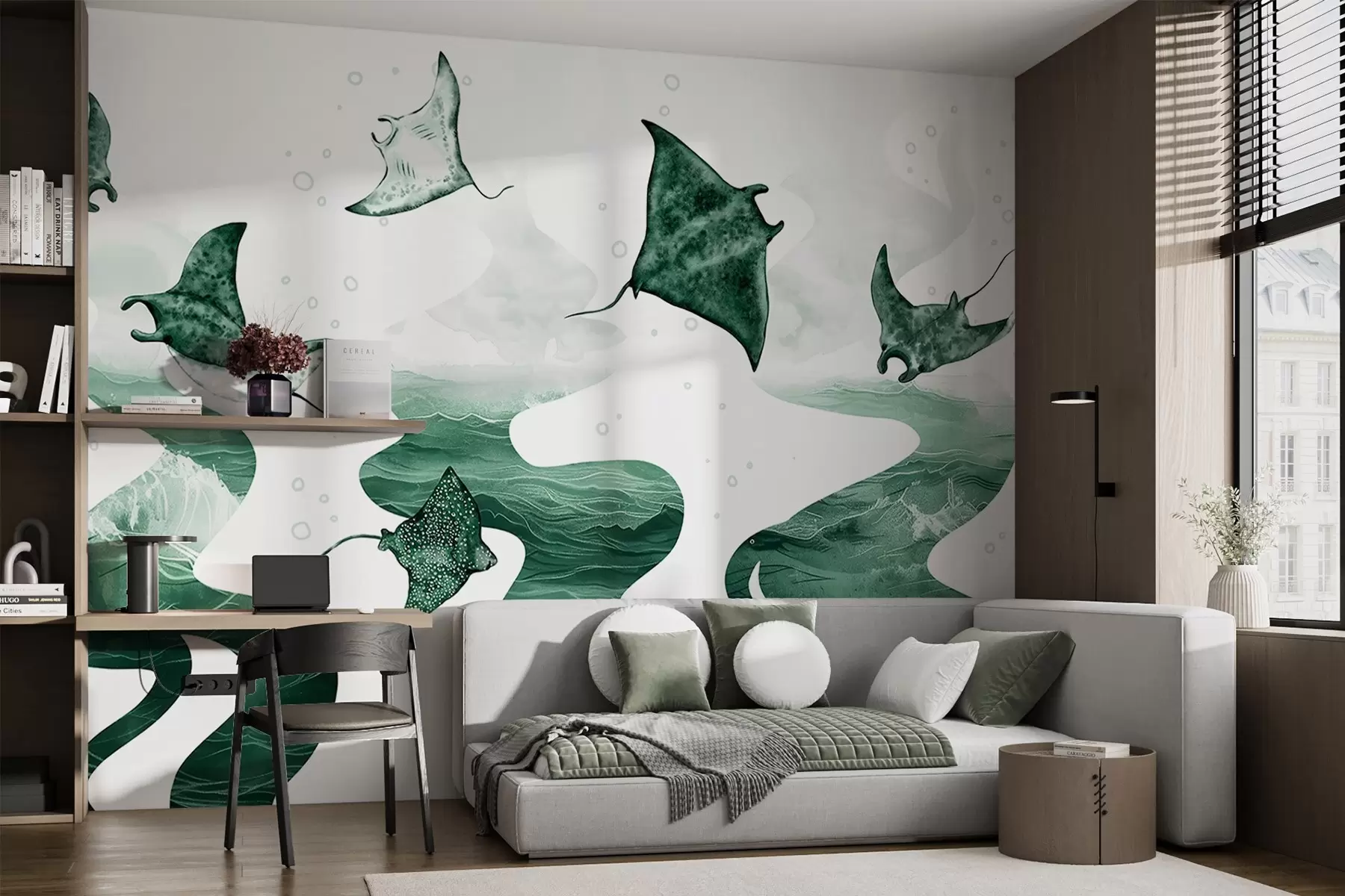 murales de pared Pez manta raya, estilo acuarela, mar, océano, colores verdes w02266v2