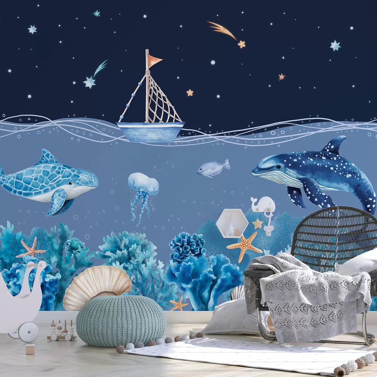 murales de pared Vida marina, estilo acuarela, corales, barco, delfín, medusa, cielo nocturno estrellado, colores azules w02310