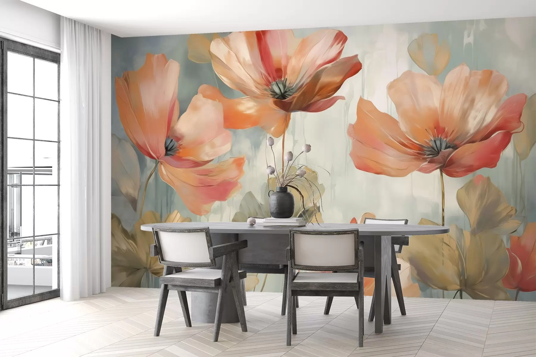 murales de pared Amapolas sobre un fondo abstracto imitación de pintura w02324