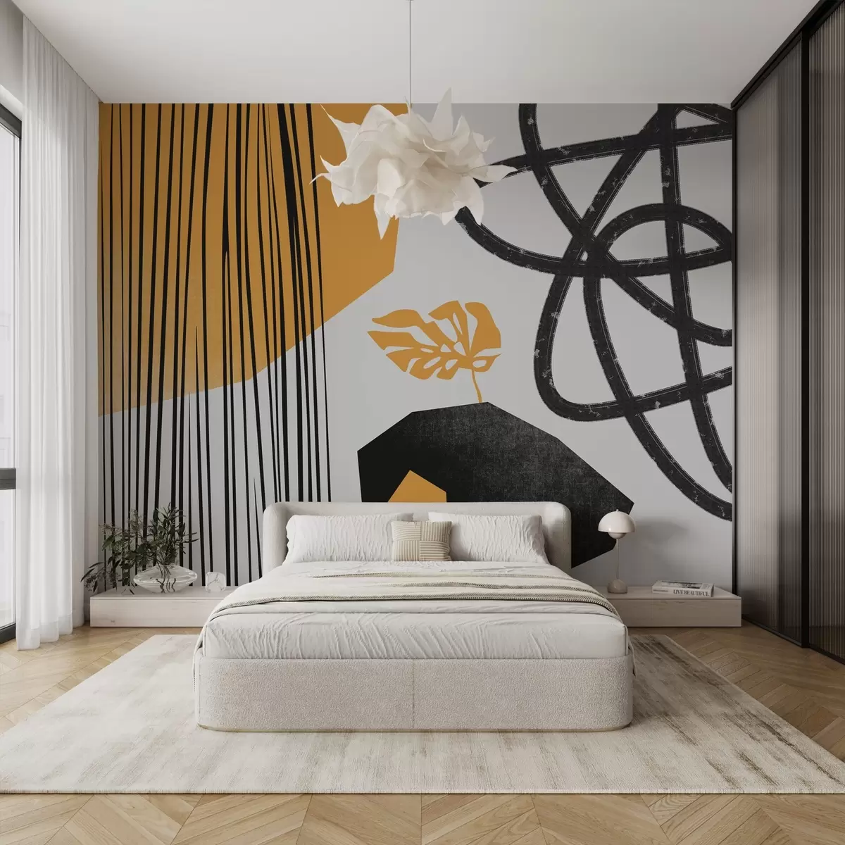 murales de pared Rayas, líneas y manchas texturizadas, amarillas y negras w02336