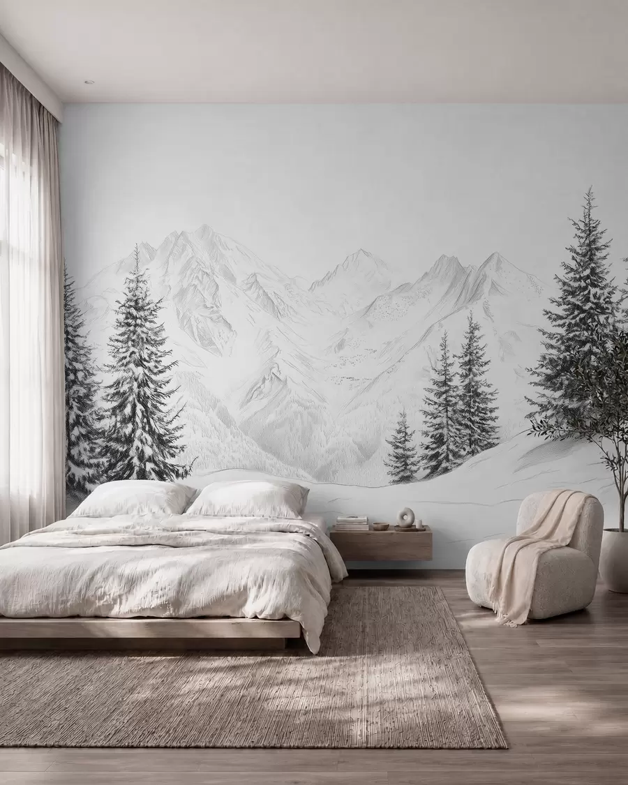 murales de pared Montañas nevadas, dibujo a lápiz, minimalismo, bosque, naturaleza w02351