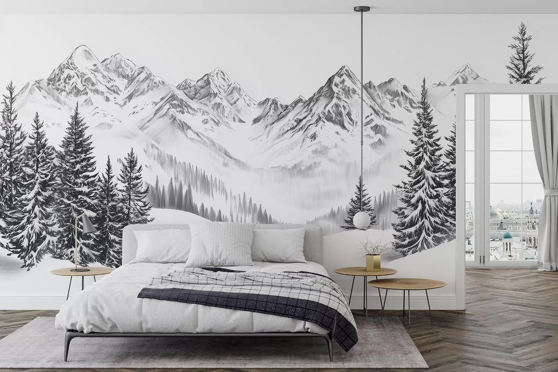 murales de pared Montañas alpinas en la nieve, estilo lápiz, minimalismo w02352