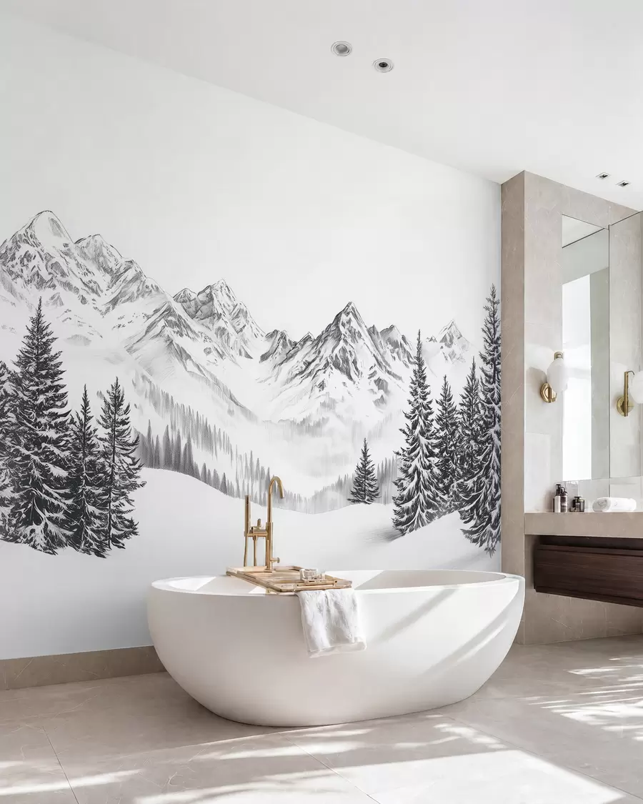 murales de pared Montañas alpinas en la nieve, estilo lápiz, minimalismo w02352