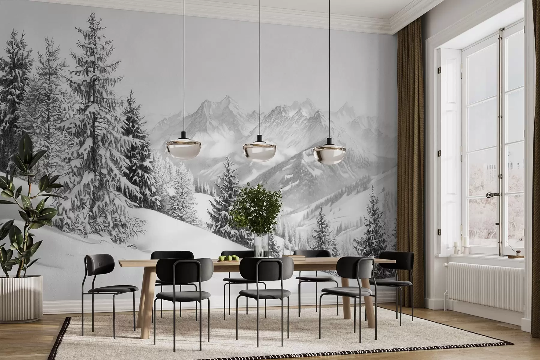 murales de pared Invierno en las montañas, bosque, Alpes, dibujo a lápiz, paisajes de naturaleza w02353