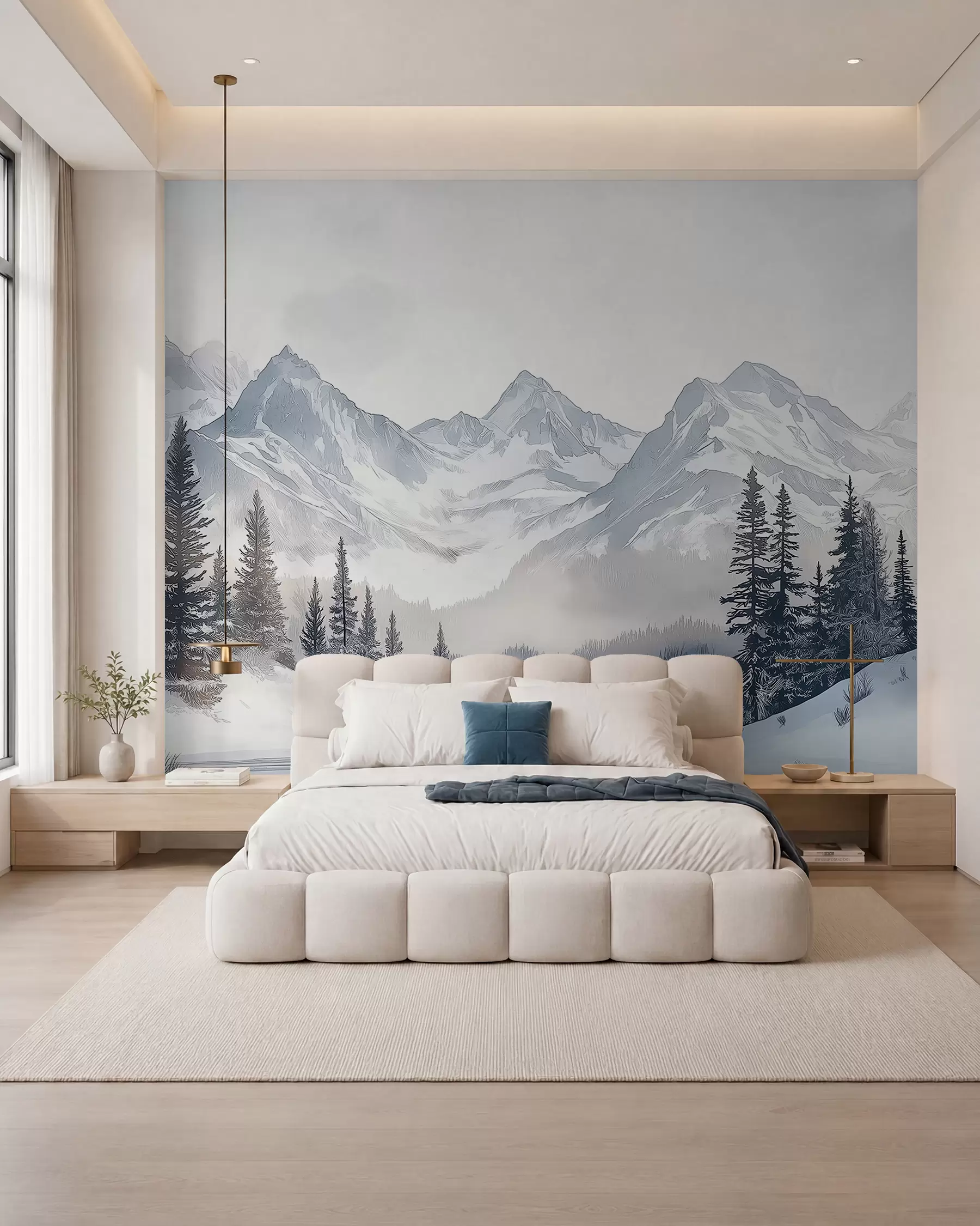 murales de pared Montañas con lago, invierno, bosque, cielo al atardecer, naturaleza w02357