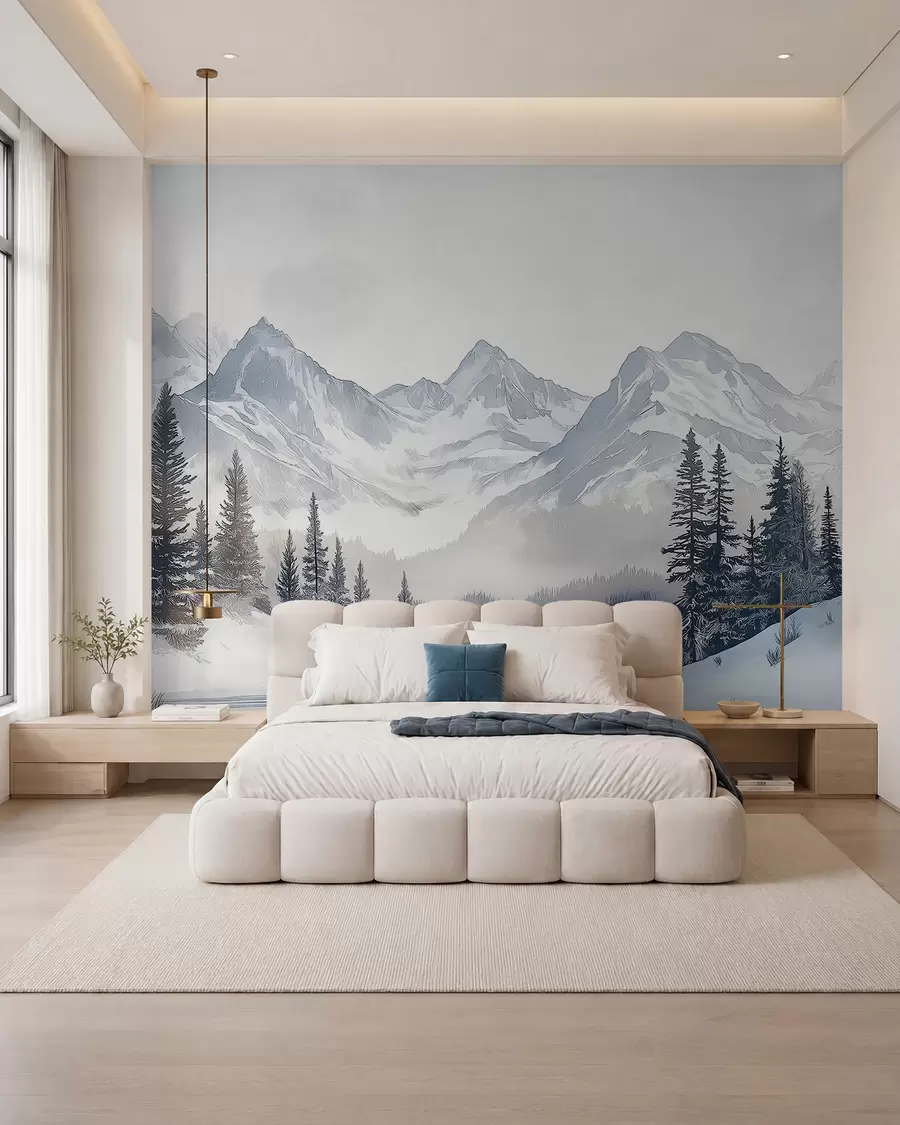 murales de pared Montañas con lago, invierno, bosque, cielo al atardecer, naturaleza w02357