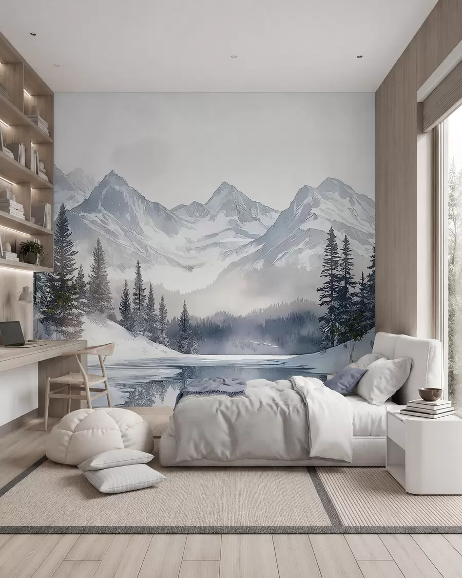 murales de pared Montañas con lago, invierno, bosque, cielo al atardecer, naturaleza w02357