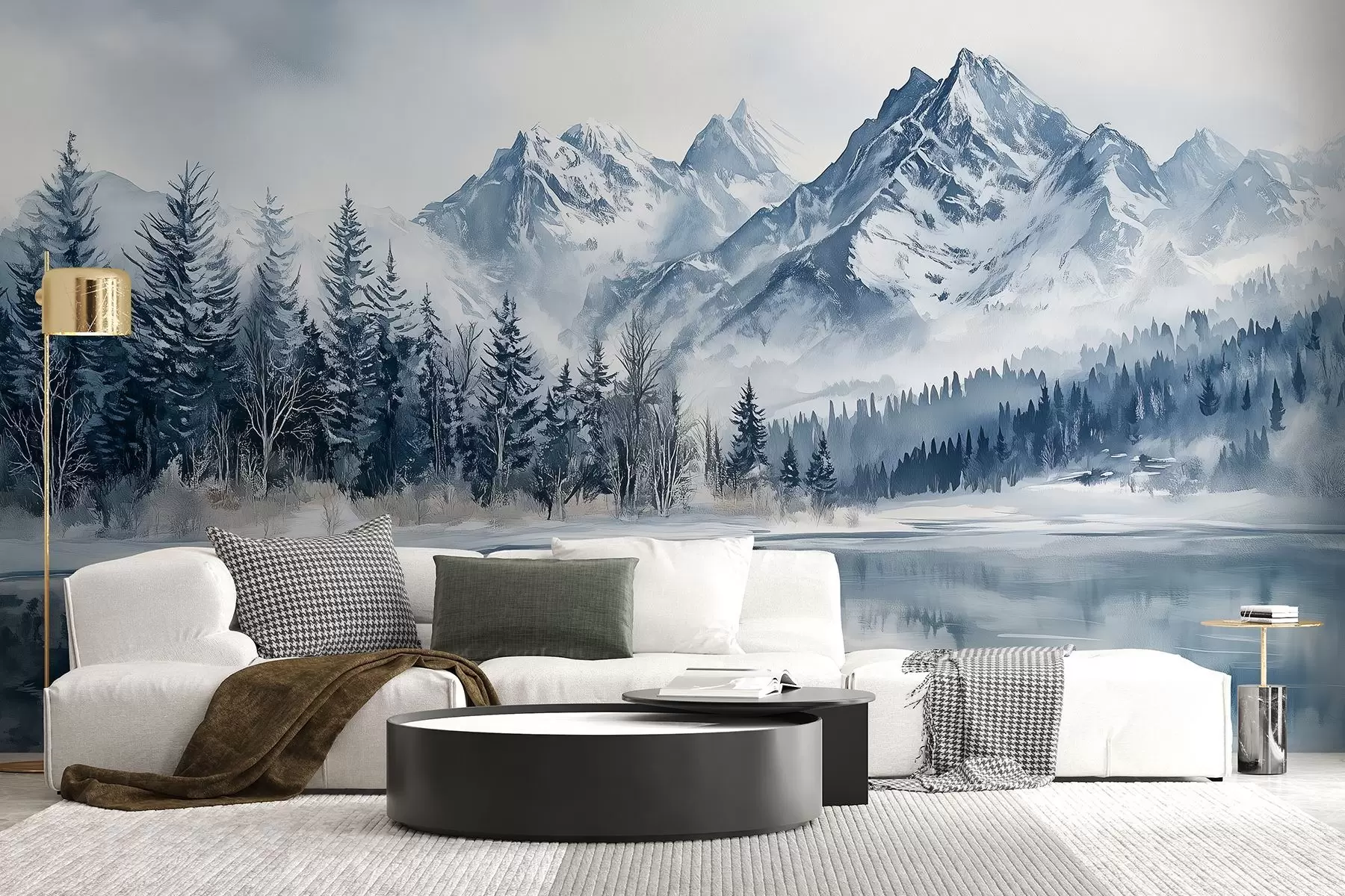 murales de pared Los Alpes nevados, bosque invernal, lago helado, paleta de colores azules  w02358