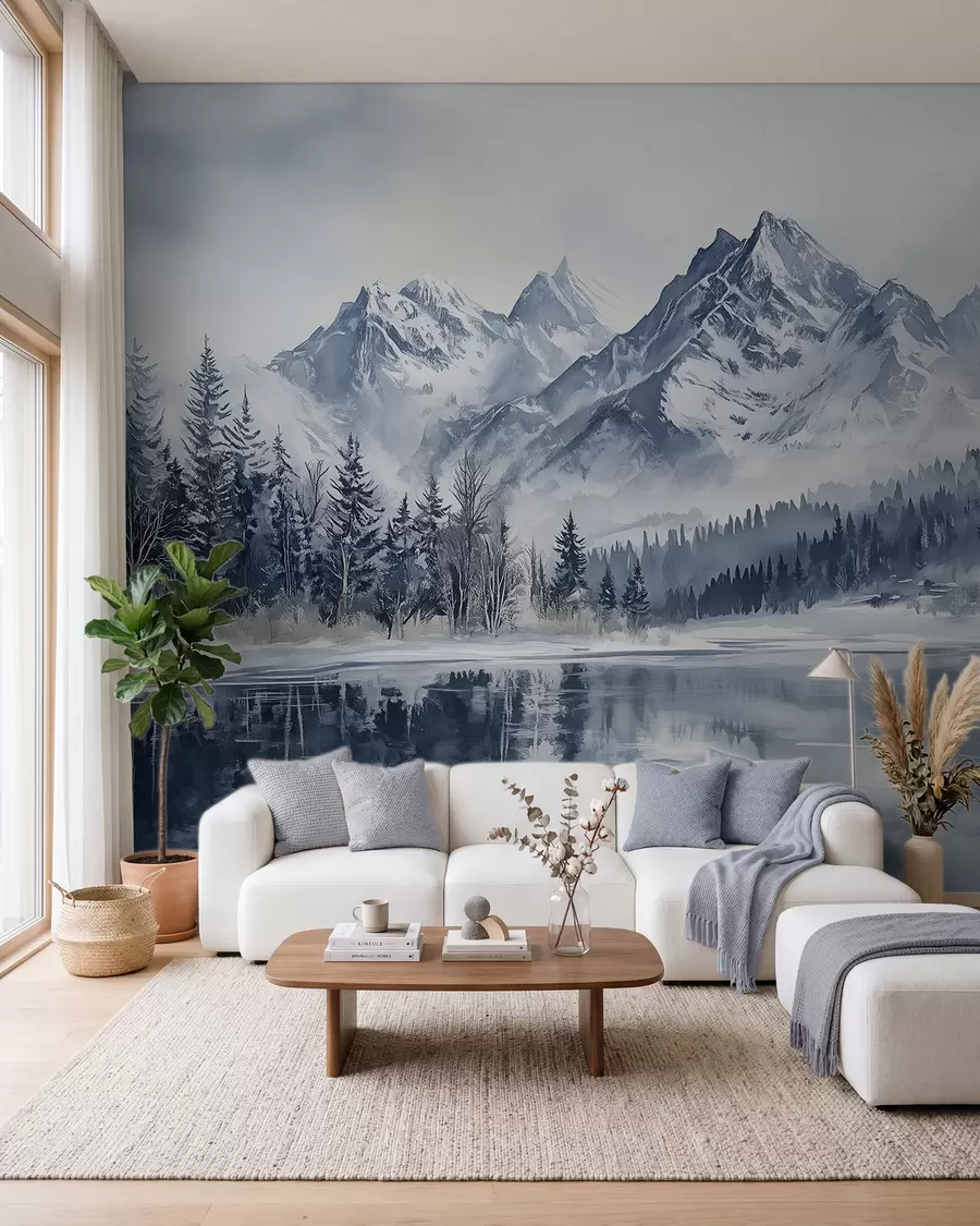 murales de pared Los Alpes nevados, bosque invernal, lago helado, paleta de colores azules  w02358