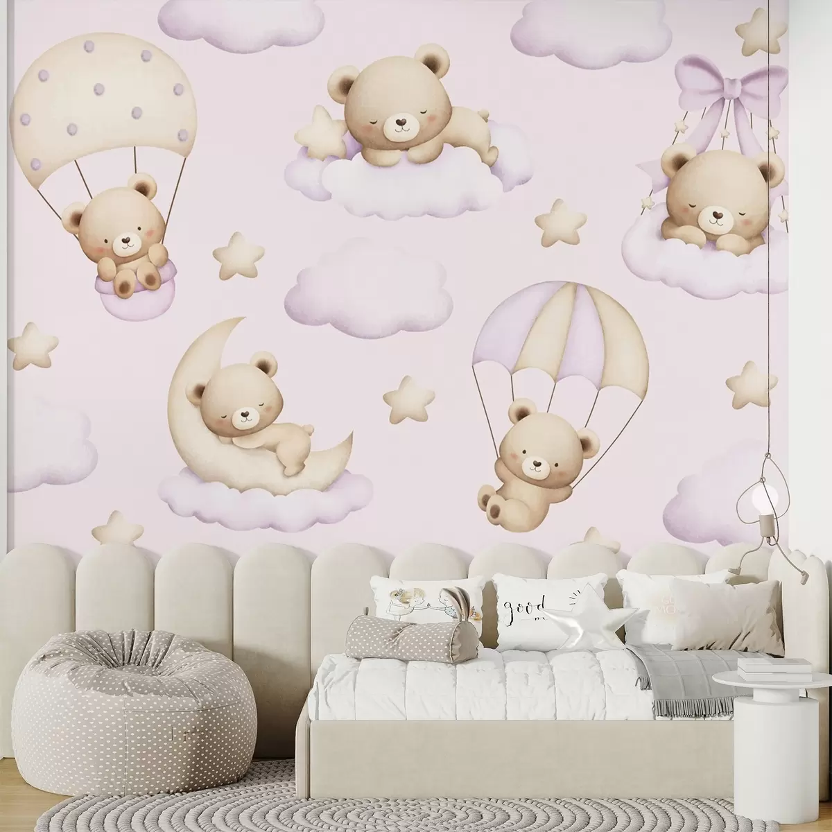 murales de pared Osos en paracaídas y nubes sobre fondo rosa w02385v1