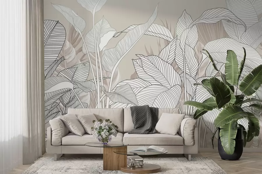 murales de pared Ilustración monocroma de grandes hojas y follaje estilizados con intrincadas líneas y texturas w08436v1