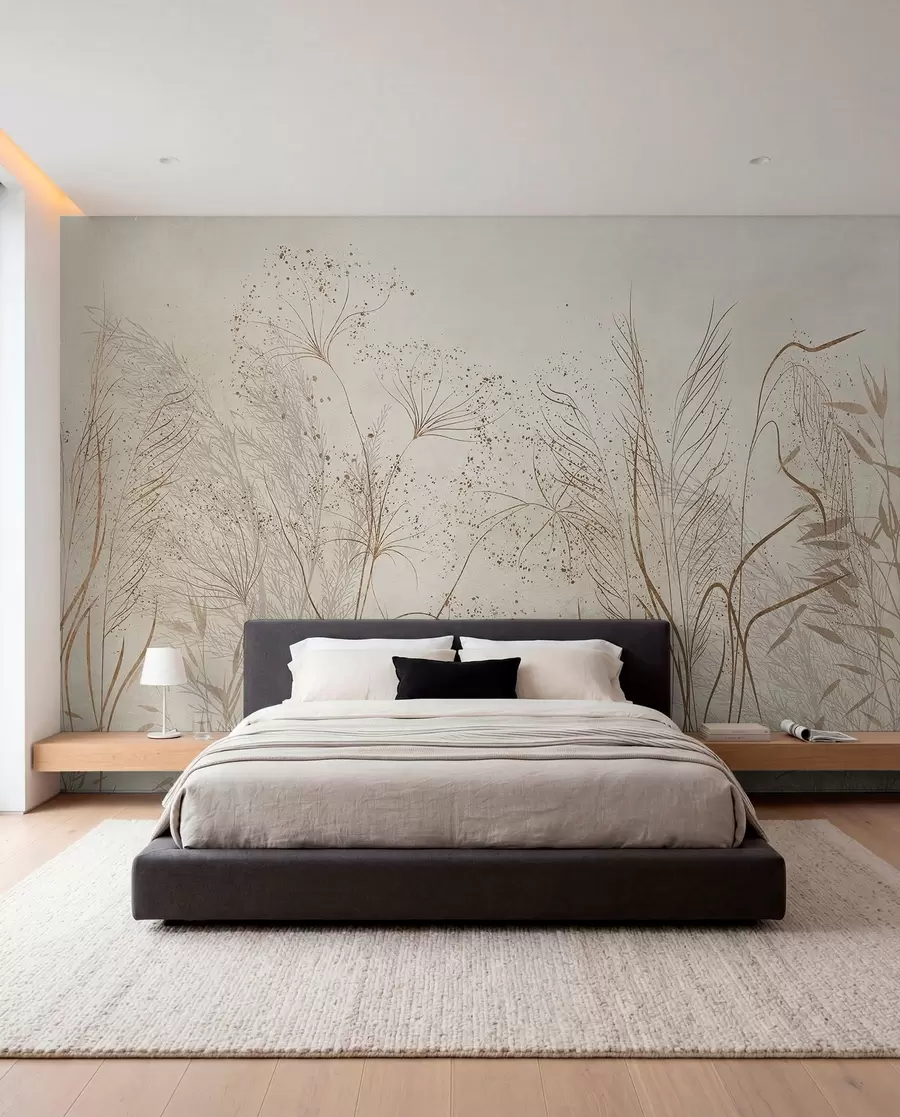 murales de pared Ilustración monocroma de varias plantas y espiguillas de color beige con líneas y texturas delicadas y tenues  w08441