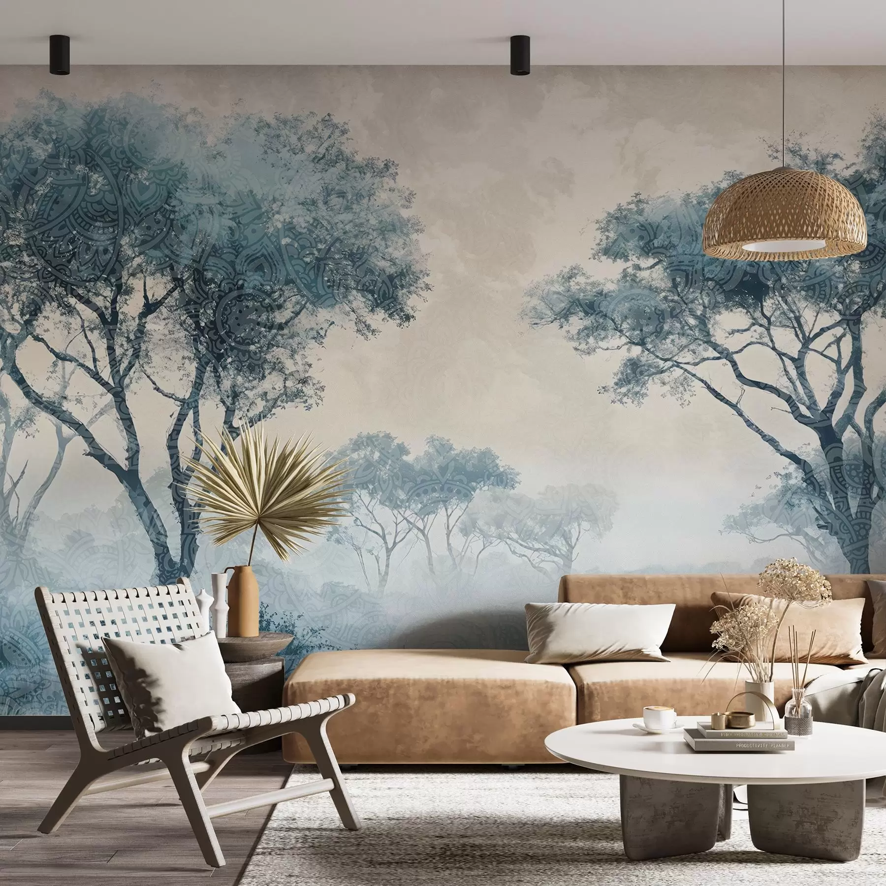 murales de pared Un paisaje brumoso y sereno con árboles silueteados en primer plano y una suave niebla en tonos azules y beige w08442