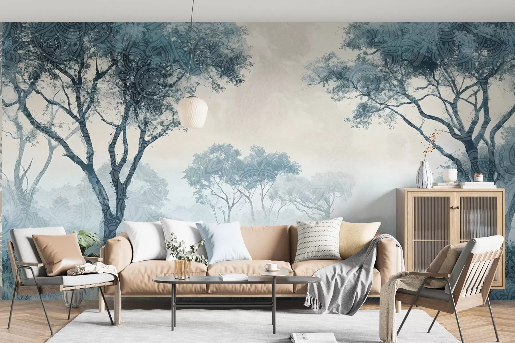 murales de pared Un paisaje brumoso y sereno con árboles silueteados en primer plano y una suave niebla en tonos azules y beige w08442