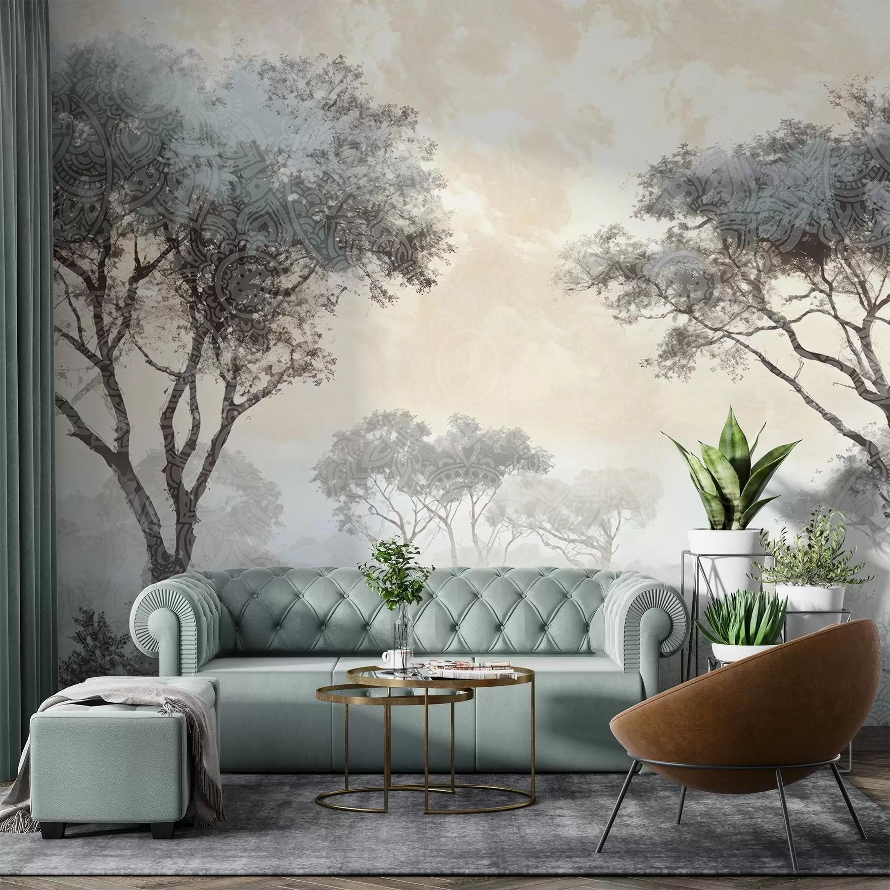 murales de pared Un paisaje brumoso y sereno con árboles silueteados en primer plano y una suave niebla en tonos grises y beige w08442v1