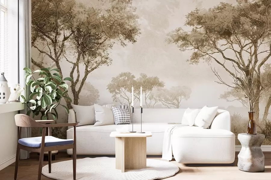murales de pared Un paisaje brumoso y sereno con árboles silueteados en primer plano y una suave niebla en tonos marrones y beige w08442v2