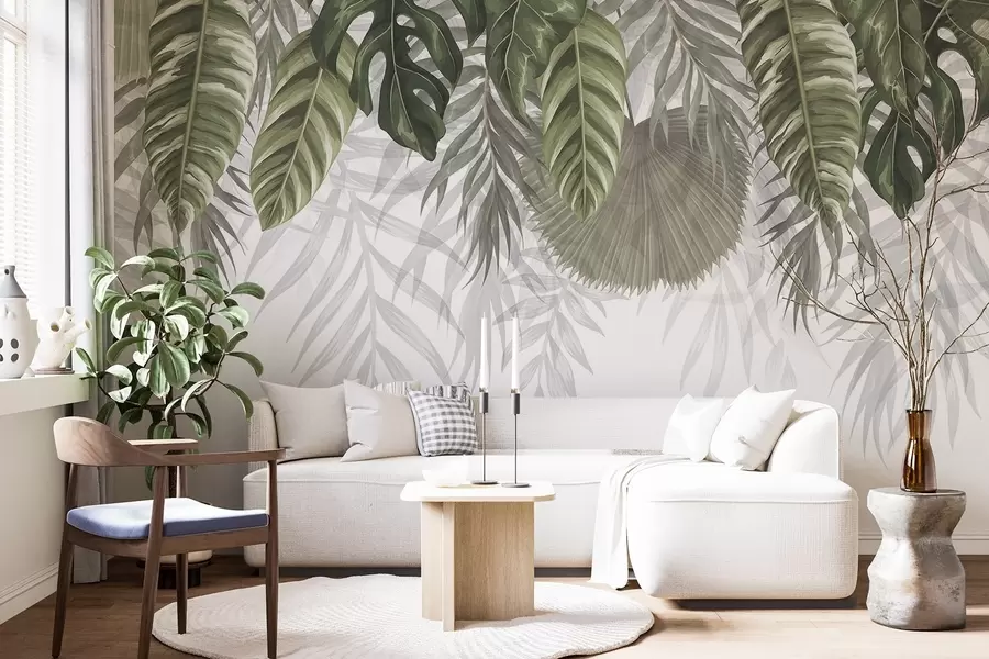 murales de pared Hojas tropicales en tonos verdes, incluidas grandes hojas de monstera y hojas de palmera, sobre fondo blanco w08443