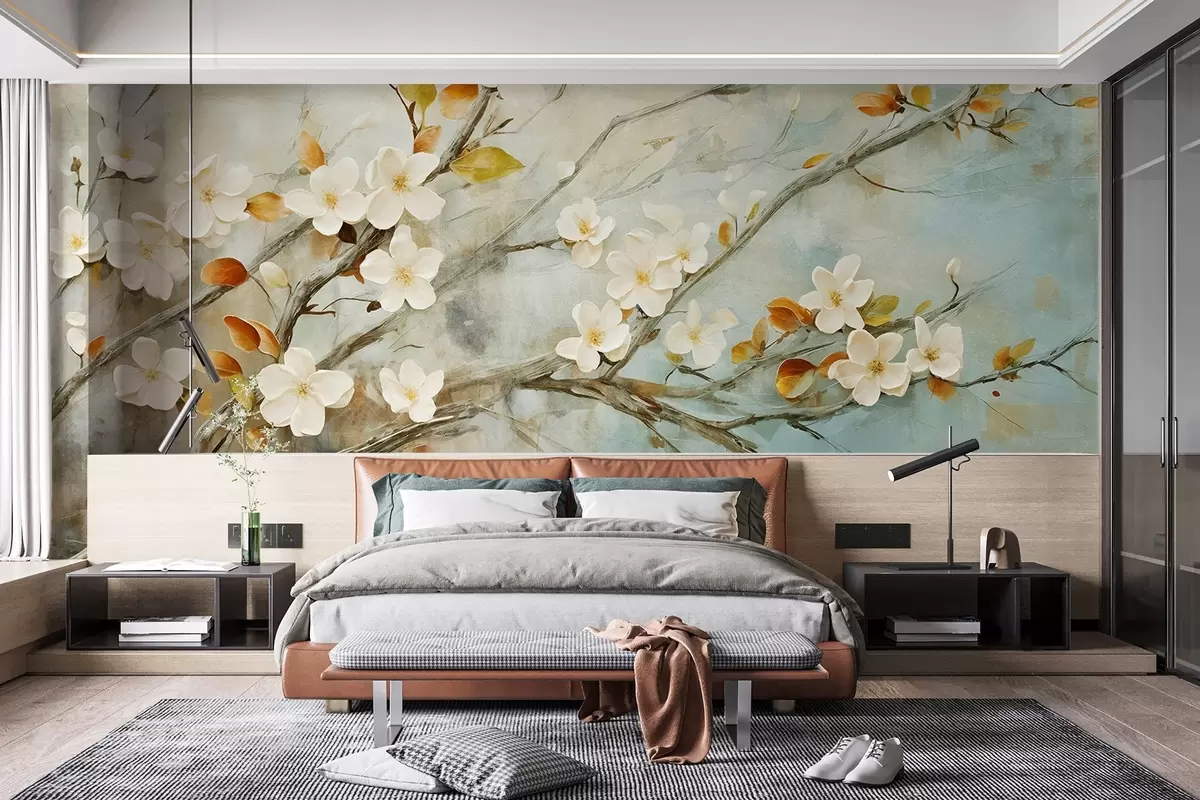 murales de pared Flores blancas de cerezo en ramas sobre un fondo azul y verde suave en estilo de pintura al óleo w08444