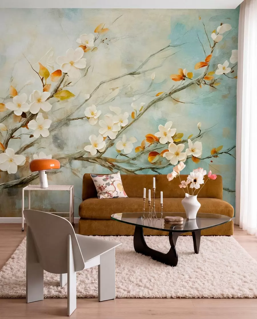 murales de pared Flores blancas de cerezo en ramas sobre un fondo azul y verde suave en estilo de pintura al óleo w08444
