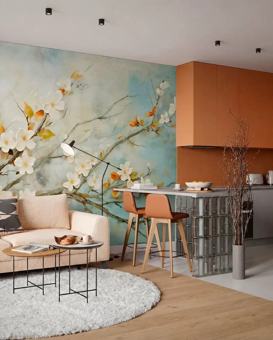 murales de pared Flores blancas de cerezo en ramas sobre un fondo azul y verde suave en estilo de pintura al óleo w08444