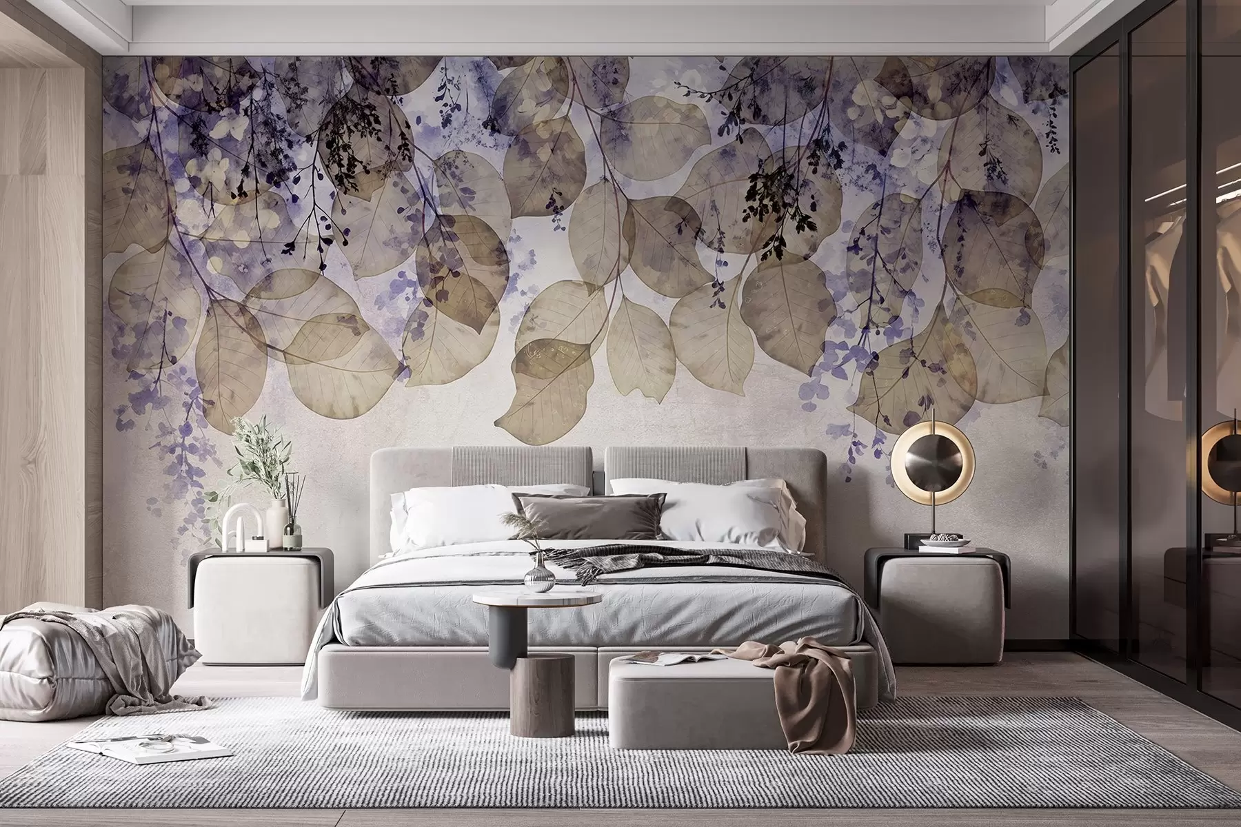 murales de pared Delicadas hojas secas y flores en tonos púrpura, beige y blanco sobre un fondo de textura ligera w08447