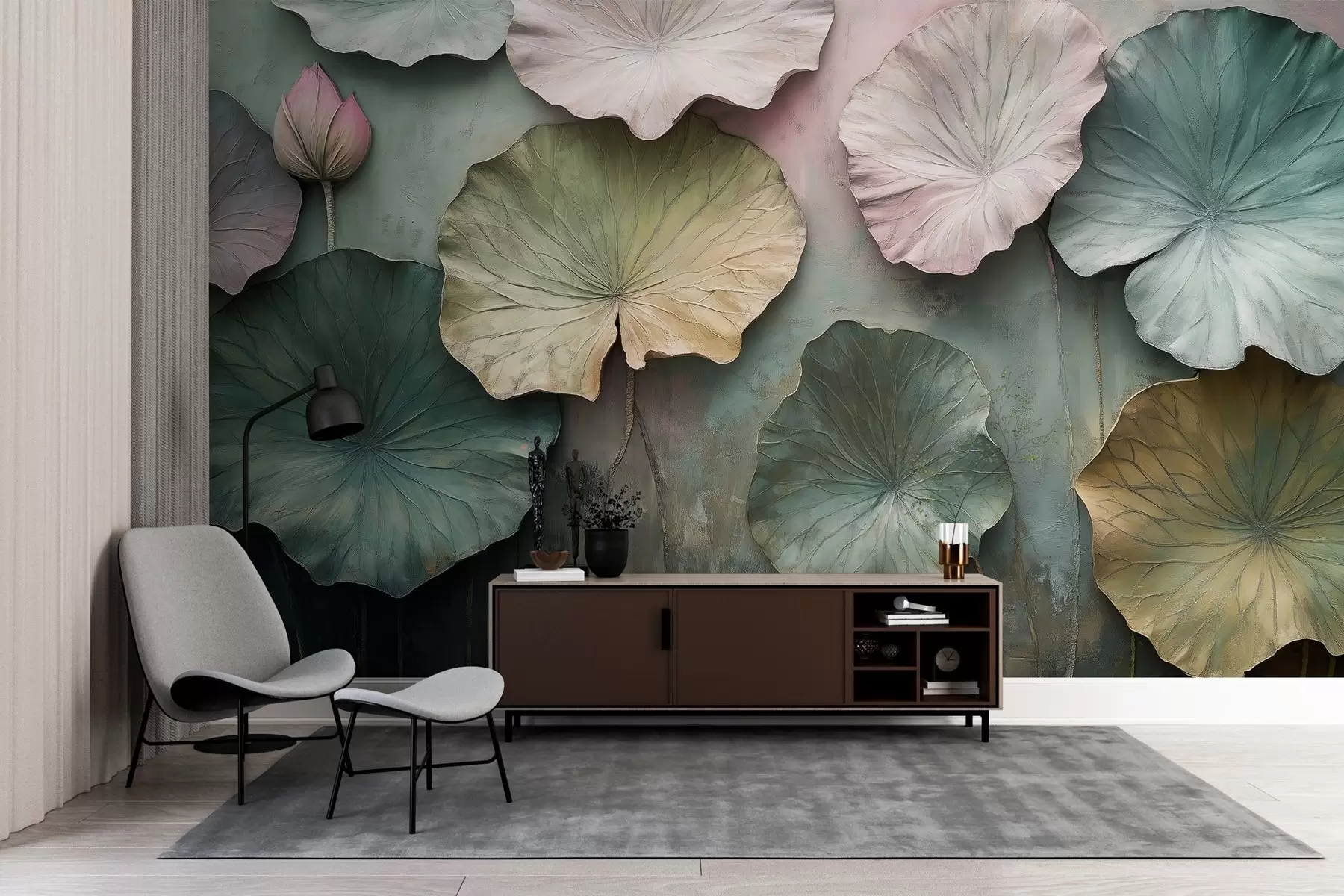 murales de pared hojas de loto en estilo pastel con efecto volumen w02441