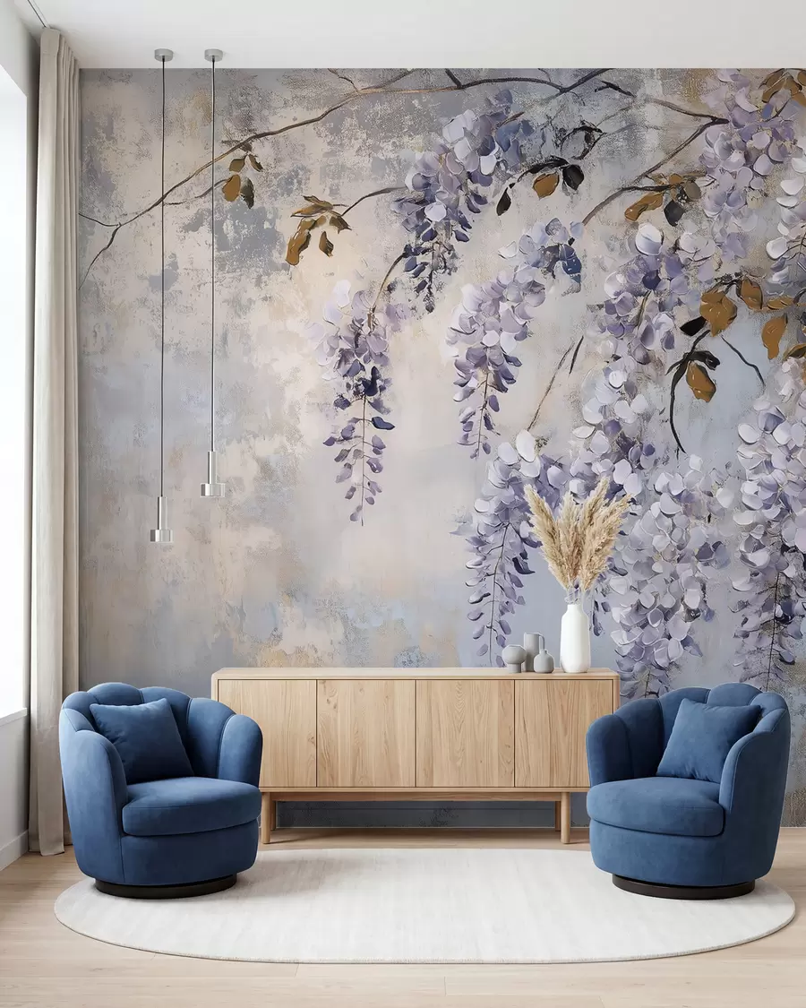 murales de pared papel pintado texturizado en colores suaves y apagados con delicadas flores y ramas de glicinia w02451