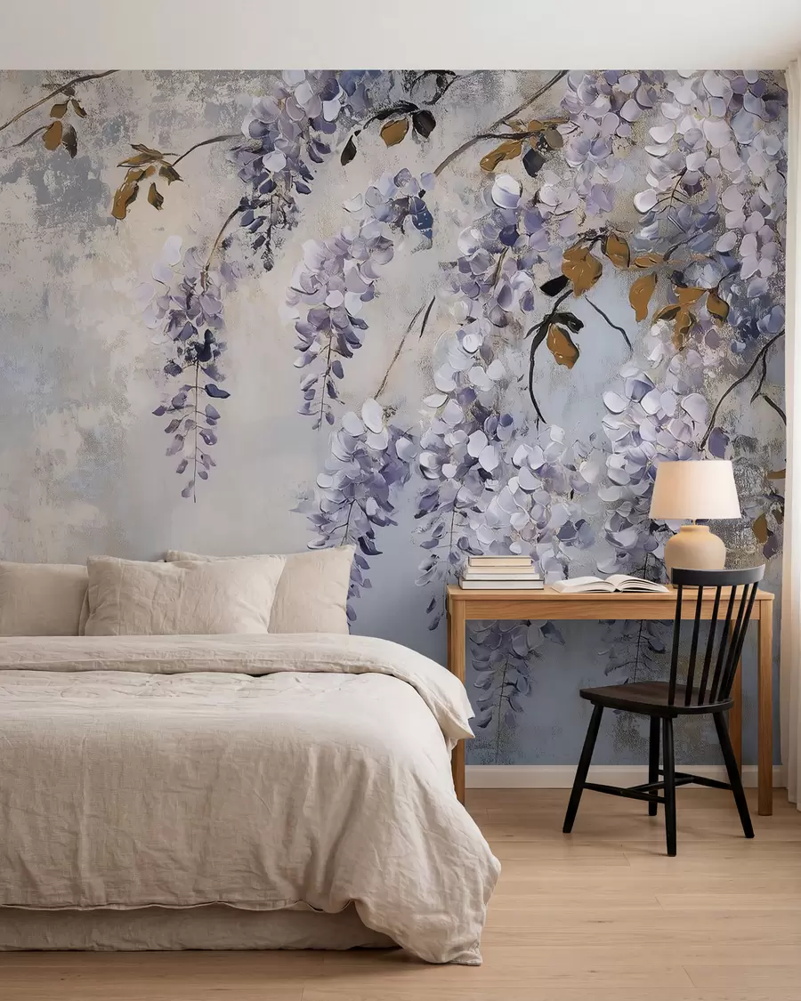 murales de pared papel pintado texturizado en colores suaves y apagados con delicadas flores y ramas de glicinia w02451