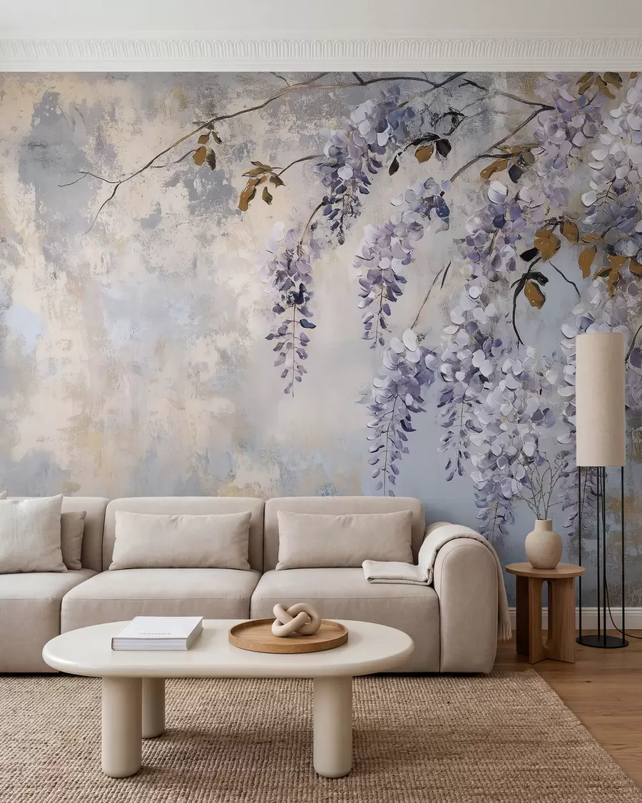 murales de pared papel pintado texturizado en colores suaves y apagados con delicadas flores y ramas de glicinia w02451