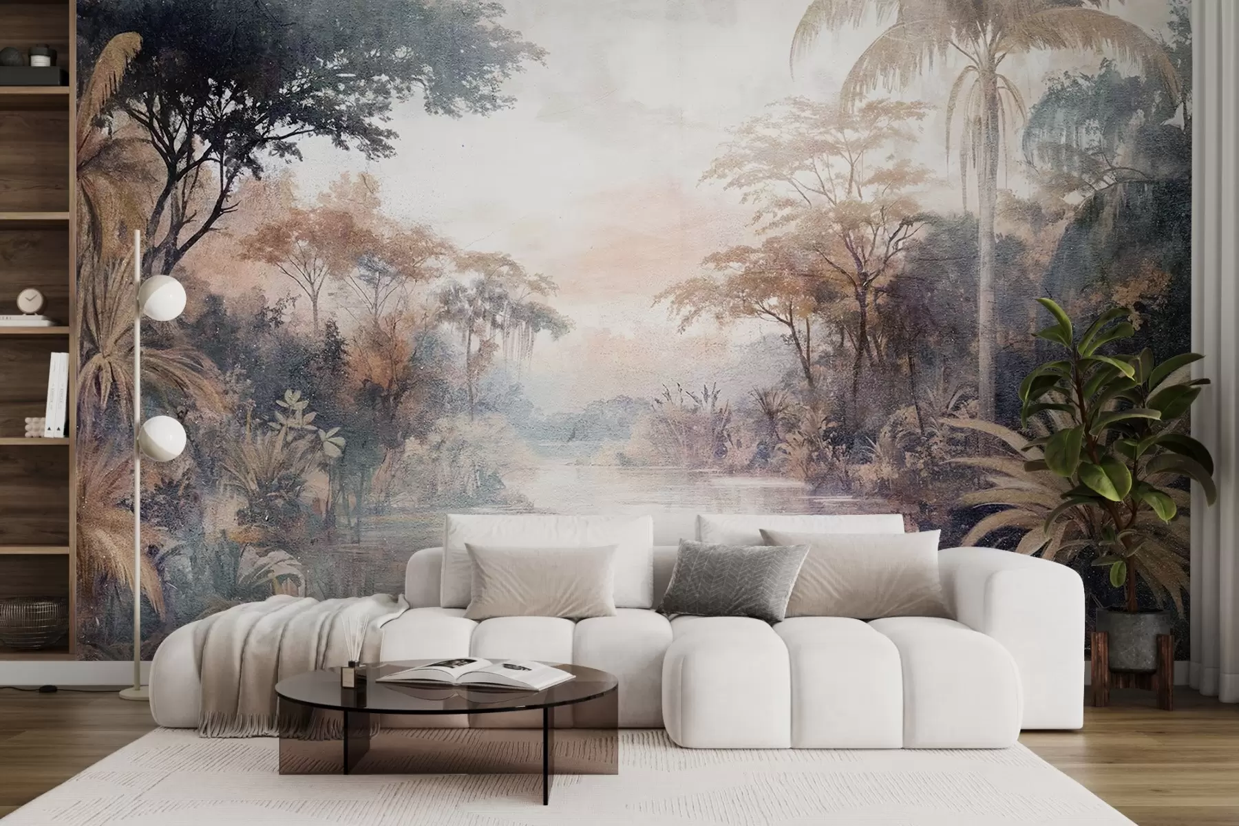 murales de pared Un paisaje tropical texturizado con un tranquilo río rodeado de exuberantes palmeras, arbustos y otros follajes w08460