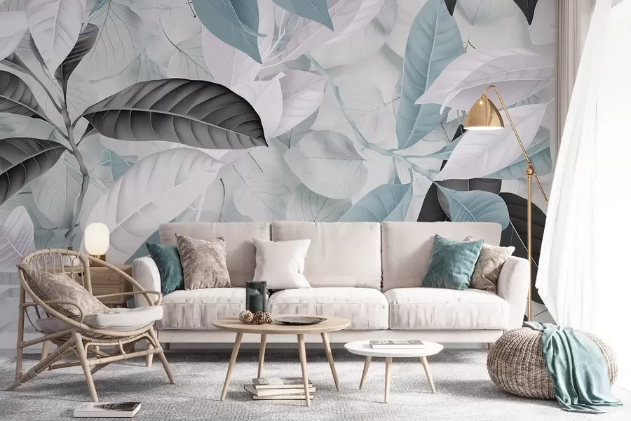 murales de pared Gran estampado de hojas azules y grises sobre un fondo con textura de hojas claras, que crea una exuberante sensación tropical w08468v1