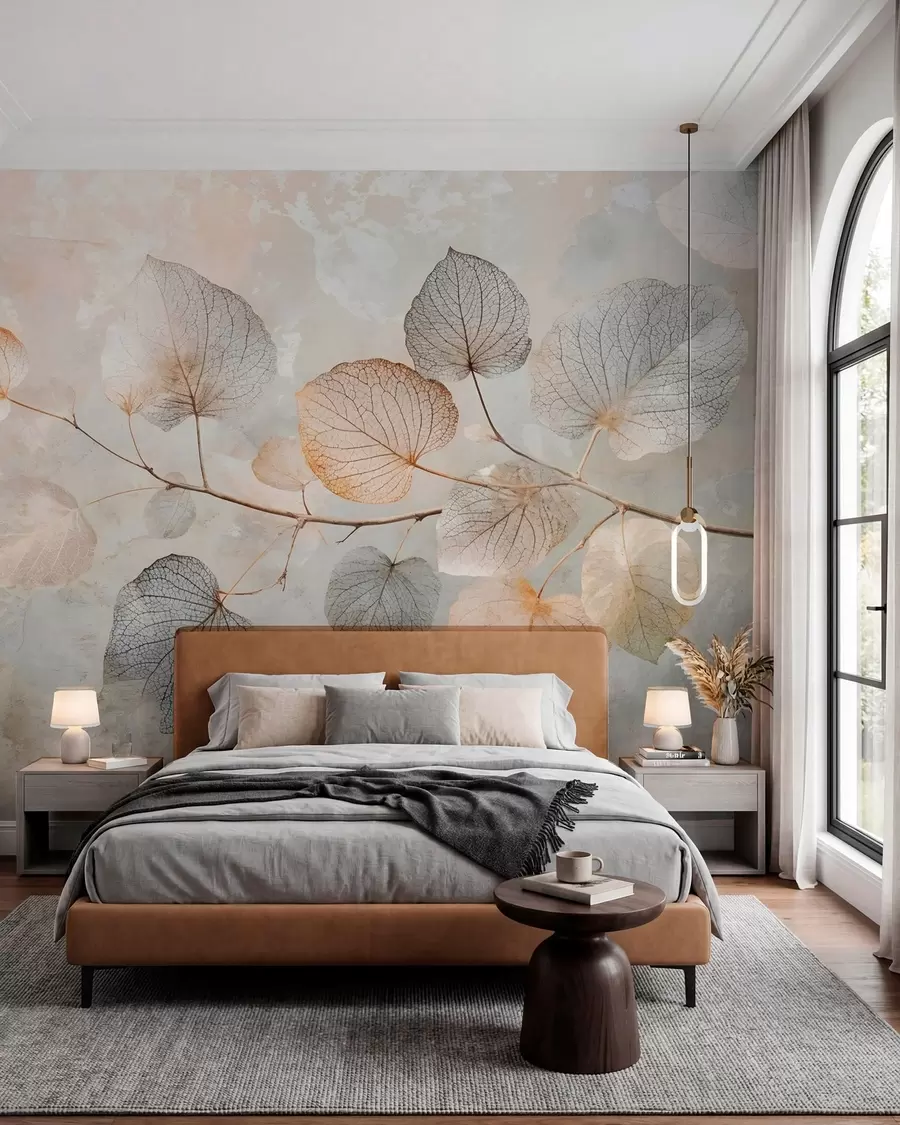 murales de pared Delicadas hojas con intrincadas vetas y colores suaves y apagados sobre un fondo de textura pálida w08469
